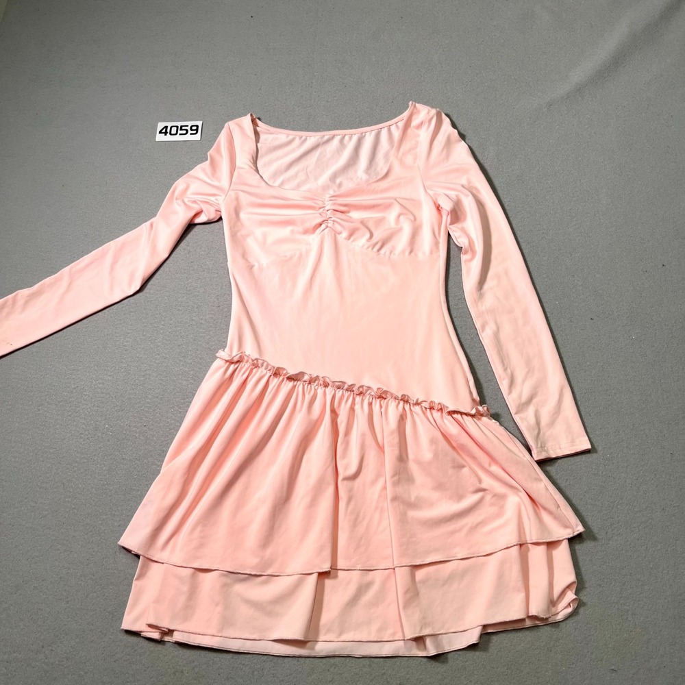 Hyperfire Fit & Flare Tiered Mini Dress Women Medium Pink Long Sleeve Scoop Neck